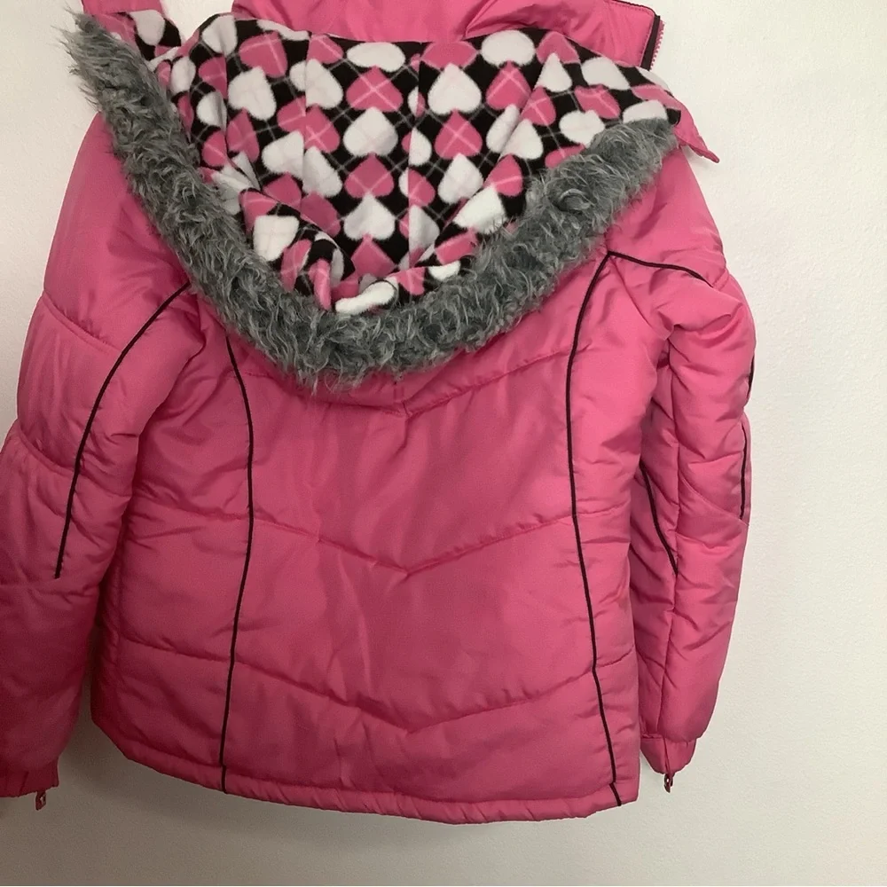 London Fog Girls Size L 14-16 Pink Faux Fur Puffer Hooded Jacket Coat W/plaid